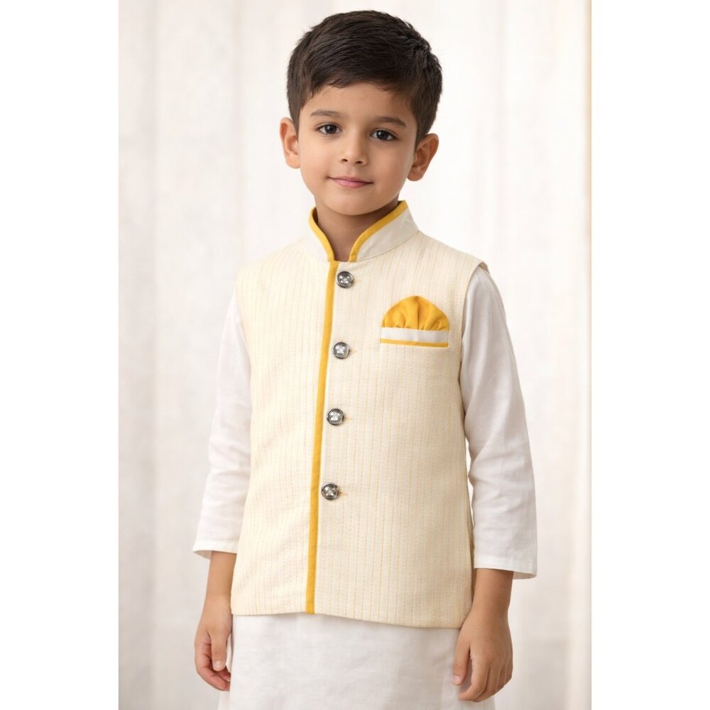 Boys Indian Traditional Vest Nehru Style Cream Yellow Made in India Sz 4